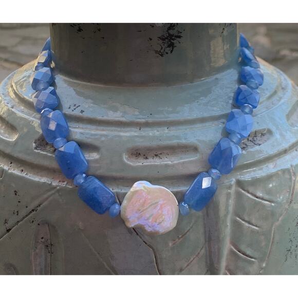 Sterling Silver, Pearl and Blue Chalcedony Necklace Vintage - Picture 5 of 7